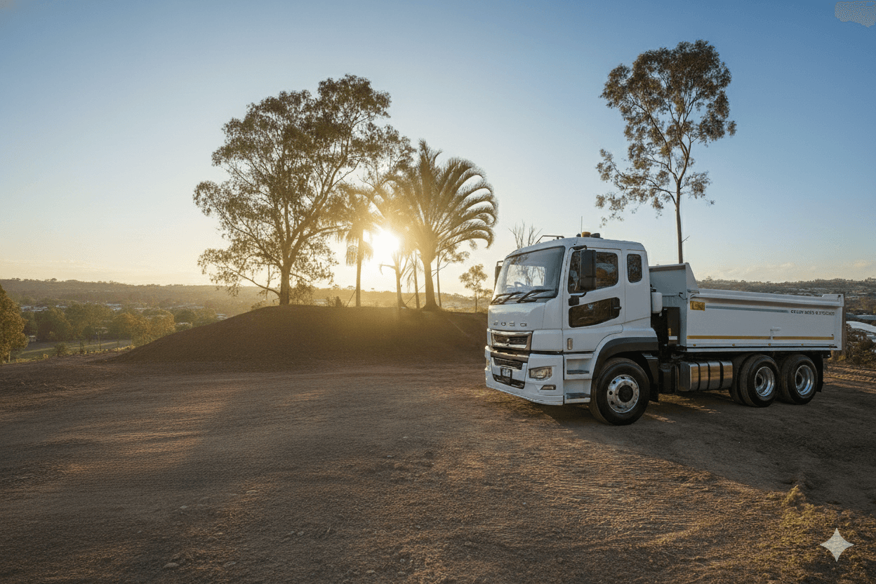 Truck on highway at sunset